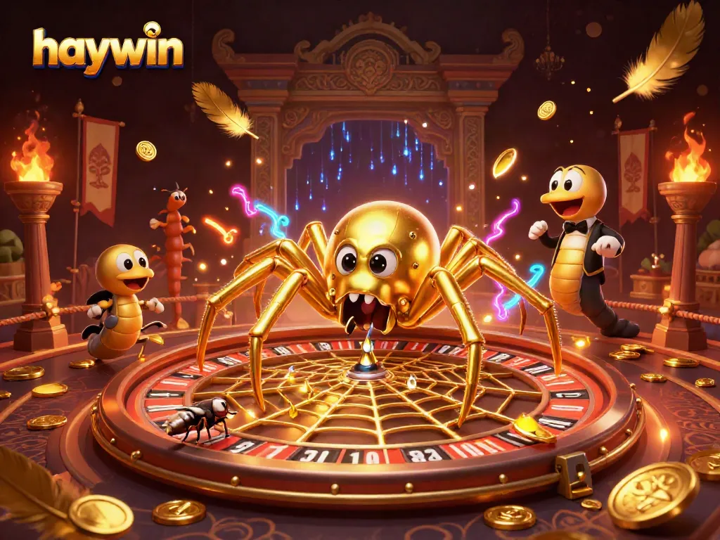 Experience thrilling bets at haywin with a golden roulette web, and a fly placing bets eagerly.