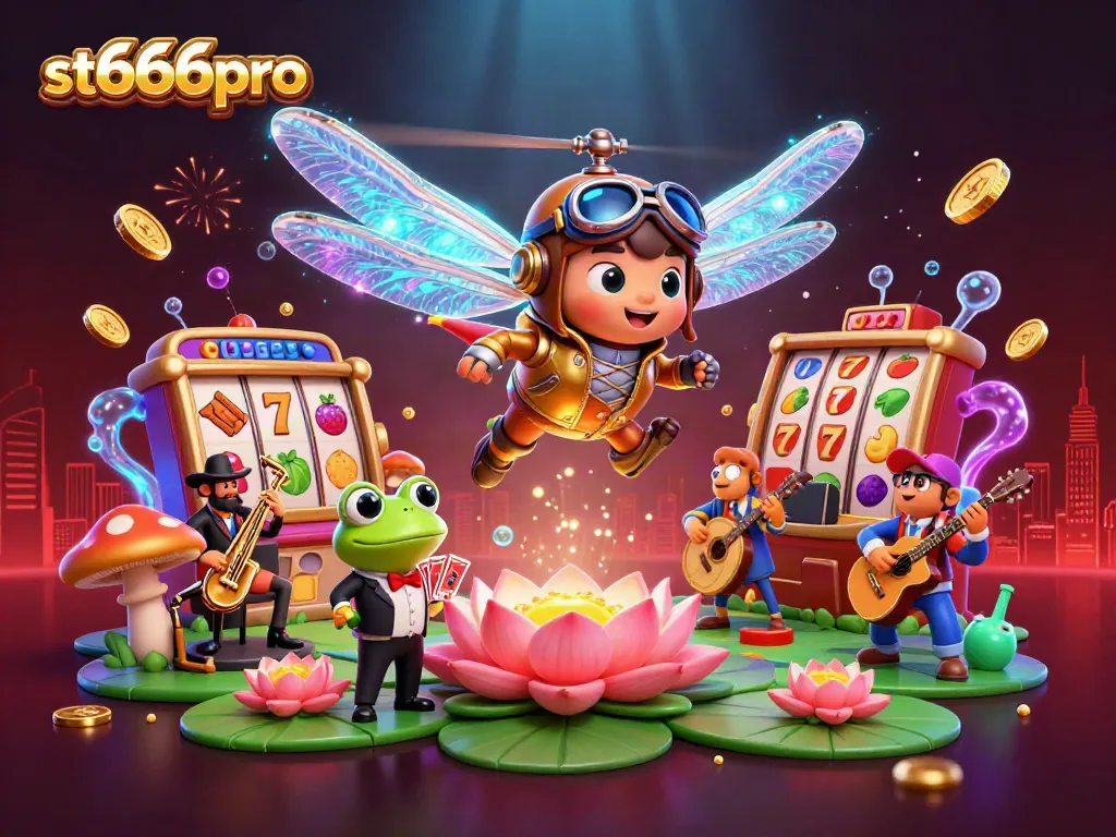 Engage with st666pro's thrilling gaming adventures featuring a dragonfly pilot above a lily pad casino.