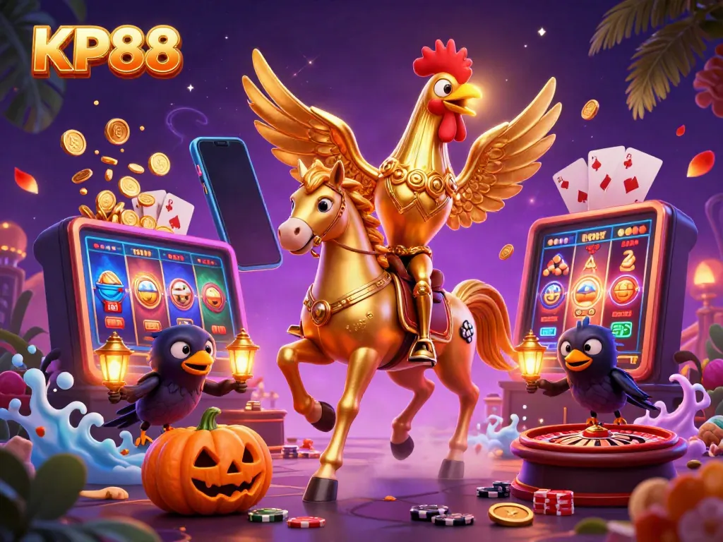 Experience KP88's thrilling casino atmosphere with a golden rooster and spectral horse in vibrant action.