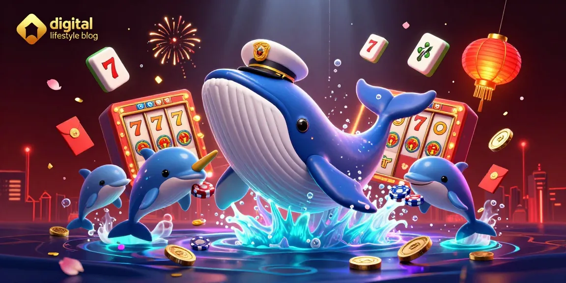 Engage with this dynamic digital lifestyle blog scene filled with vibrant casino action and playful sea creatures.