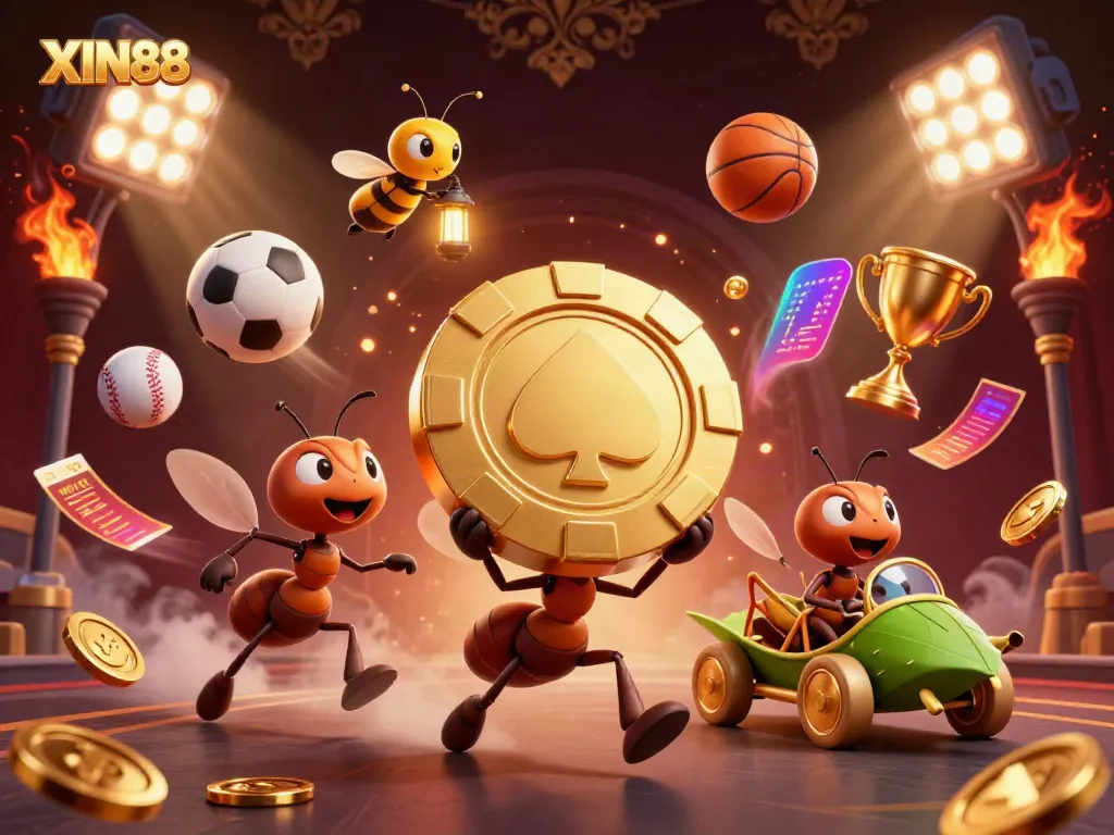 XIN88 team of ants conducting a heist with a golden poker chip against a dynamic casino backdrop.