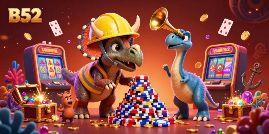 B52 casino scene with a triceratops and parasaurolophus celebrating amidst slot reels, poker chips, and colorful treasures.