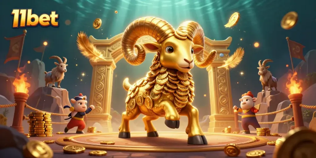 Experience thrilling gameplay with 11bet's vibrant golden ram illustration, showcasing an energetic casino atmosphere.