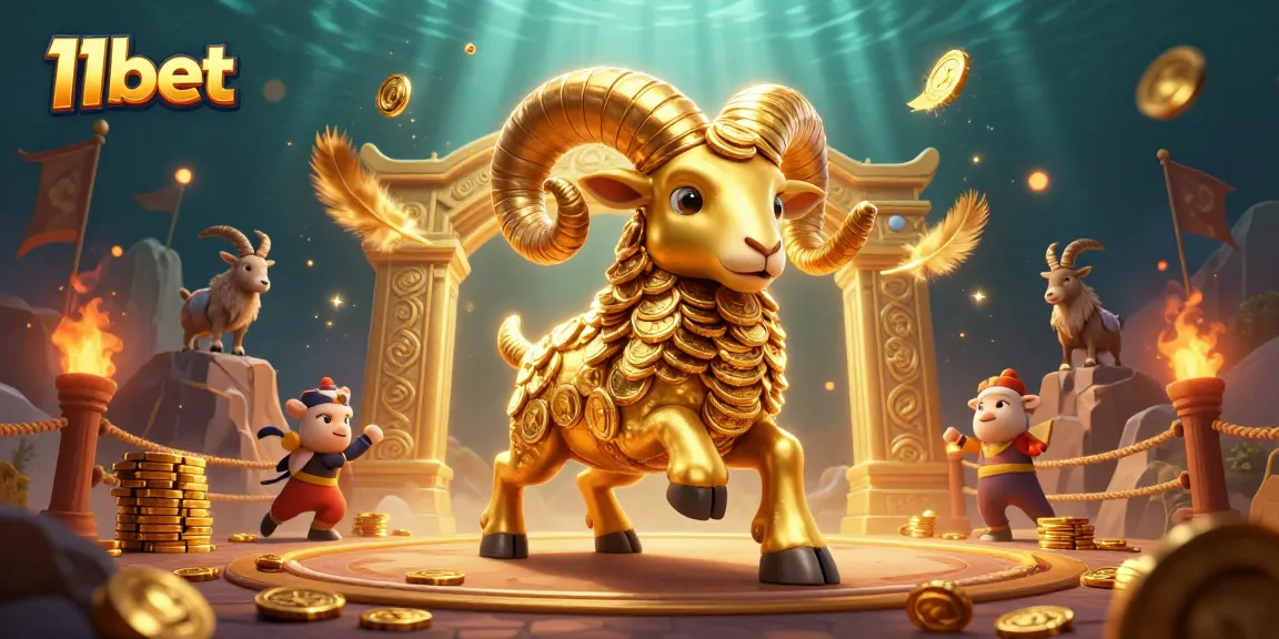 Experience thrilling gameplay with 11bet's vibrant golden ram illustration, showcasing an energetic casino atmosphere.