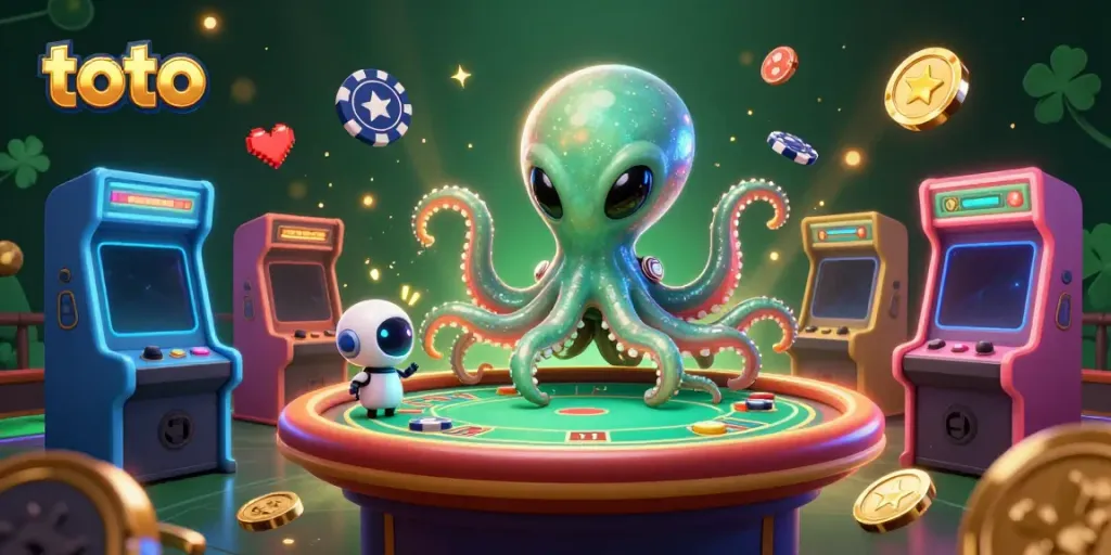 Engaging toto-themed gaming scene with an octopus dealer at a holographic poker table surrounded by vibrant arcade elements.