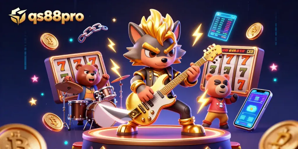 Experience thrilling casino action with qs88pro's electrifying wolf rock star, vibrant symbols, and game elements.