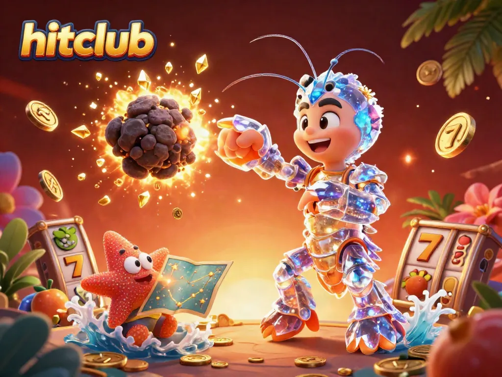 Hitclub offers a vibrant casino experience with a galactic mantis shrimp character amidst gold coins and game elements.
