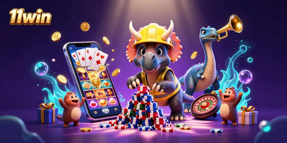 11win reveals casino excitement with dinosaurs building poker chip pyramids.