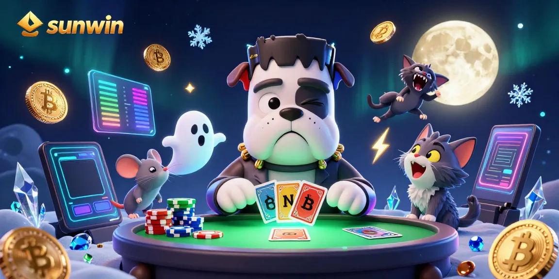Win big at sunwin with a haunted casino scene featuring quirky characters and vibrant game elements.