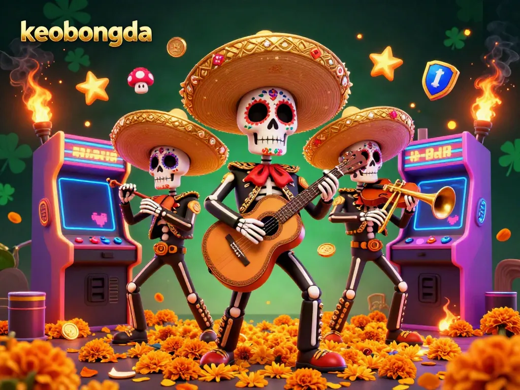 Join the festive mariachi band celebrating keobongda with vibrant arcade elements and golden highlights.