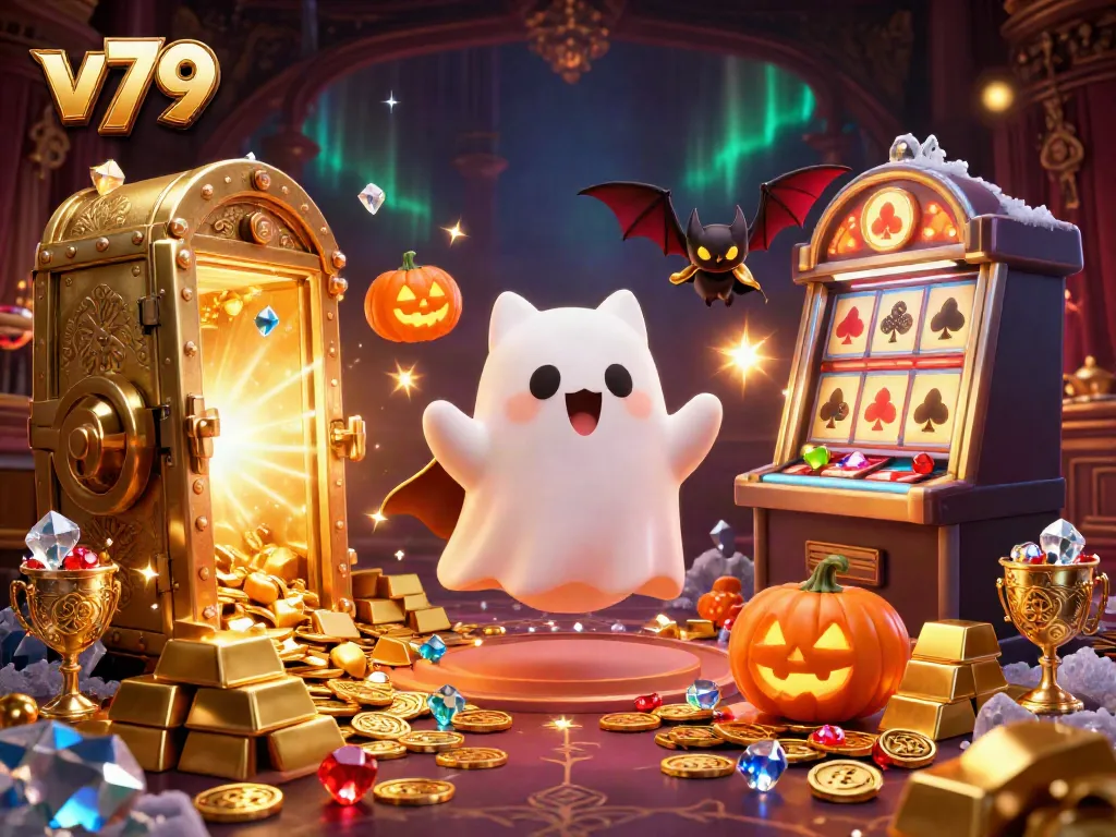 Join the excitement at v79 with a ghost cat and bat duo in a lively casino scene full of jackpots and treasures.