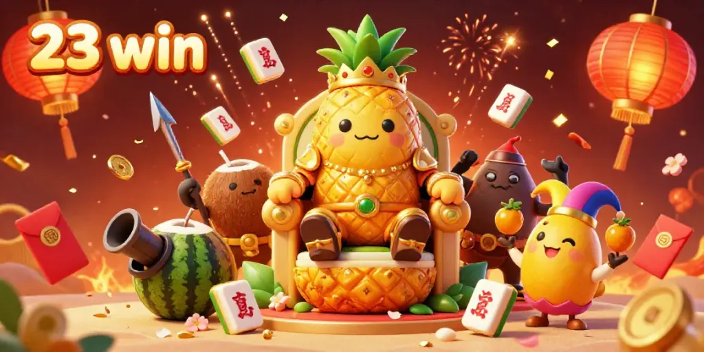 Engage in the vibrant casino world of 23 win, featuring a golden pineapple king and game elements.