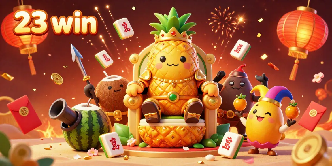 Engage in the vibrant casino world of 23 win, featuring a golden pineapple king and game elements.