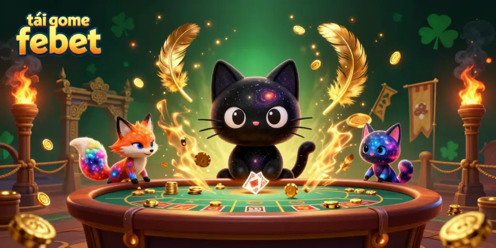 Experience the thrill of gaming with tải game febet featuring a cosmic scene of a black hole cat and nebula fox at a casino table.