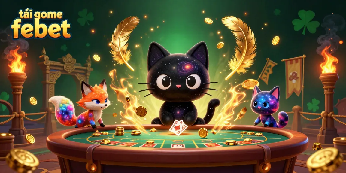 Experience the thrill of gaming with tải game febet featuring a cosmic scene of a black hole cat and nebula fox at a casino table.