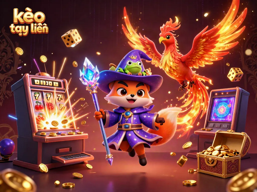 Engage in kèo trực tuyến with a mystical wizard fox, phoenix, and vibrant slot machine bursting with coins.