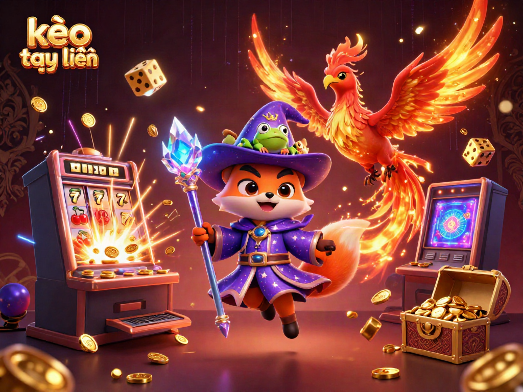 Engage in kèo trực tuyến with a mystical wizard fox, phoenix, and vibrant slot machine bursting with coins.