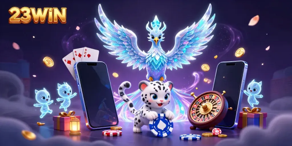 Experience the magical world of 23WIN with an ice phoenix, snow leopard cub, and sparkling casino elements.