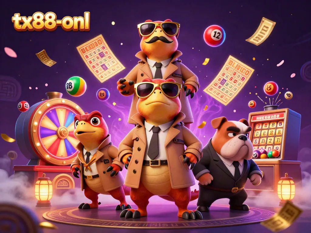 Experience the thrill at tx88-onl with vibrant lottery elements and engaging characters in a dynamic casino scene.