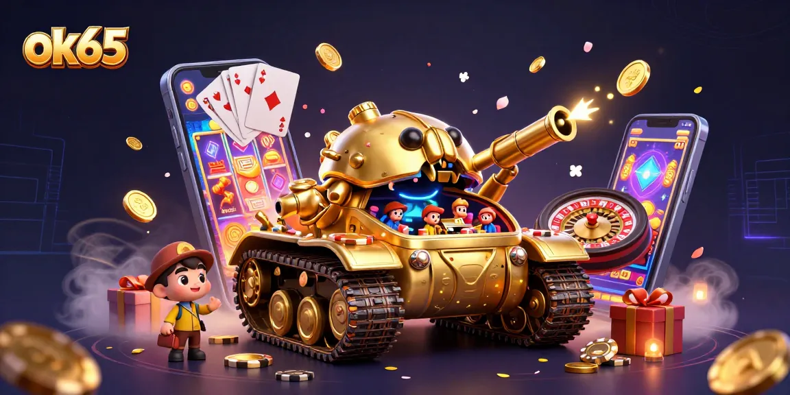 Spin and win in an immersive casino experience with ok65, featuring a golden beetle tank and slot games.