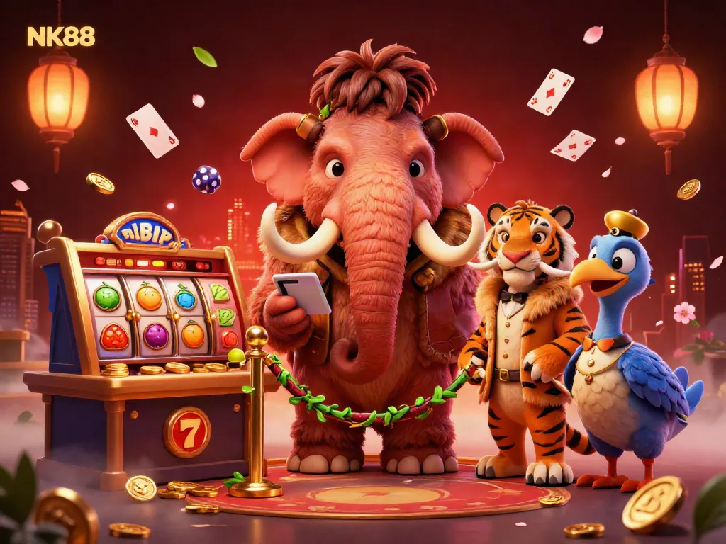 Experience thrilling wins with NK88's vibrant casino scene featuring animated game action and charismatic characters.