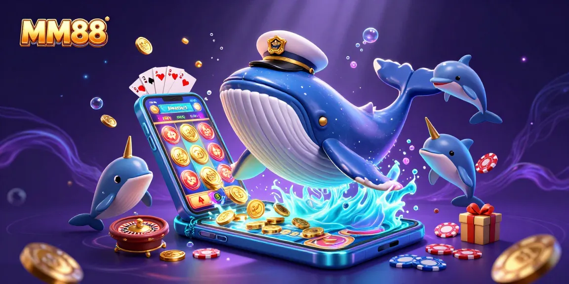 Experience the excitement of MM88 with vibrant 3D casino elements in a colorful underwater scene.