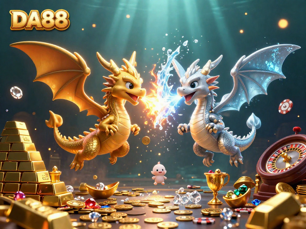 Engage with DA88's thrilling casino experience amidst fiery and icy dragons, treasure, and vibrant game elements.
