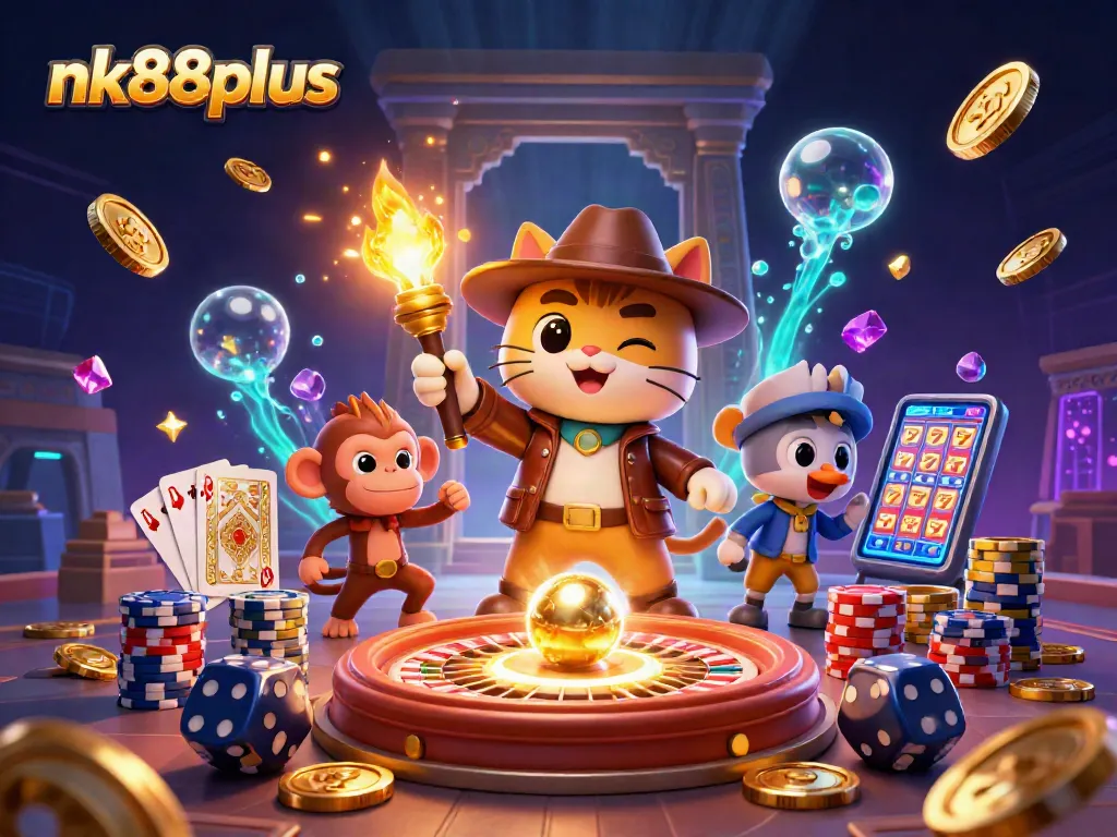 Experience the excitement of nk88plus with a cat explorer in a vibrant casino adventure scene.