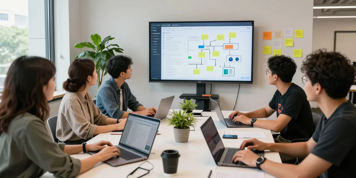 Team collaborating to build internal tools with AI in a bright modern workspace.
