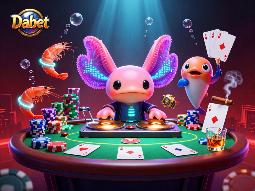 Dabet players enjoy an immersive poker experience with vibrant casino elements and energetic characters.