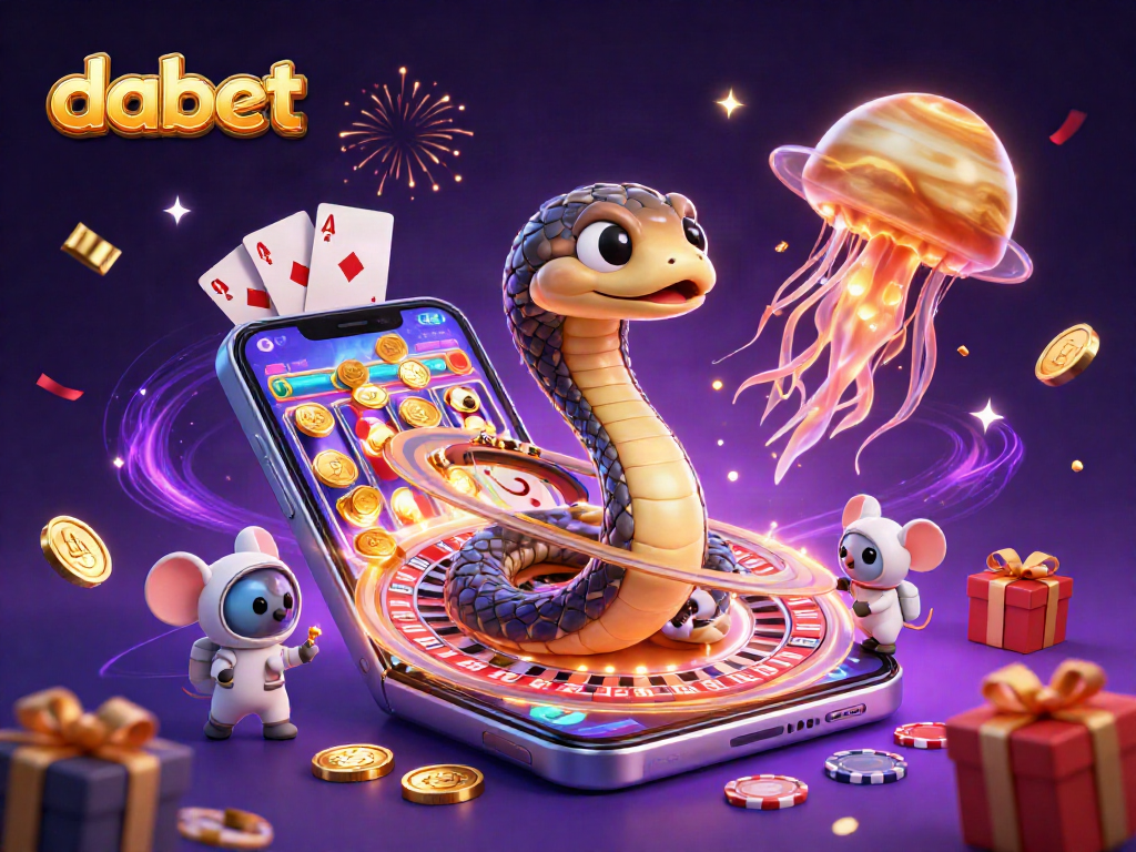 Dabet players enjoying thrilling bets with a cosmic roulette wheel and fun slot games in an ultra-detailed 3D illustration.