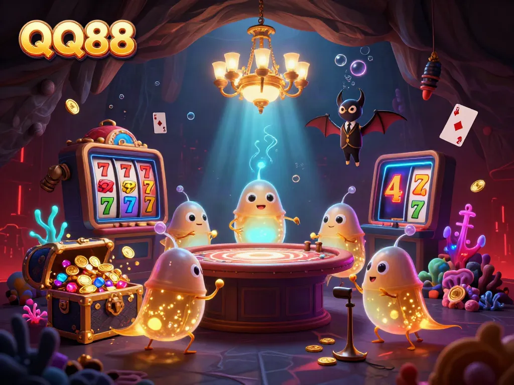 Experience the excitement at QQ88's vibrant casino scene with bioluminescent glowworms and a bat dealer.