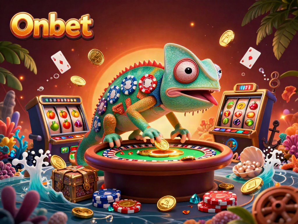 Experience the colorful world of Onbet with a dynamic chameleon casino illustration amidst vibrant gaming elements.