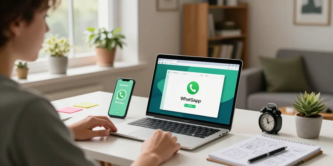 Using WhatsApp電腦版 on a modern home office desk with vibrant greenery.
