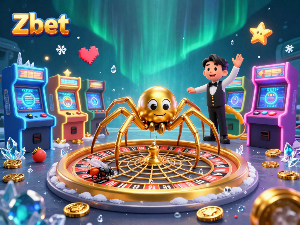Zbet gaming scene featuring a golden spider and centipede with immersive casino elements and colorful retro arcade machines.