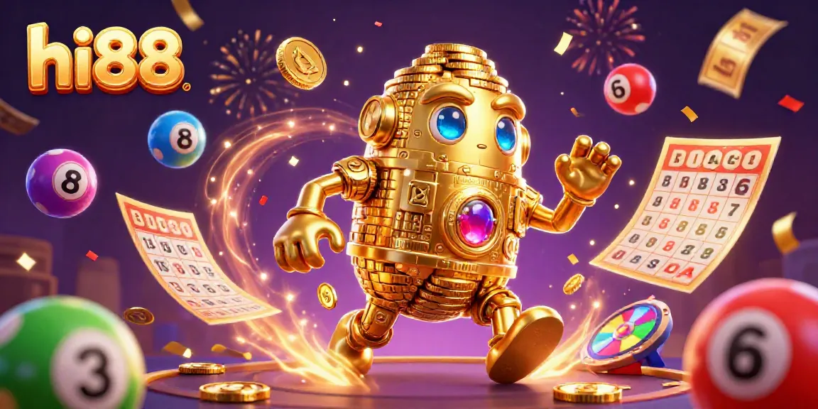 Experience the excitement of hi88 with a dazzling golden golem surrounded by dynamic lottery balls and rich casino elements.