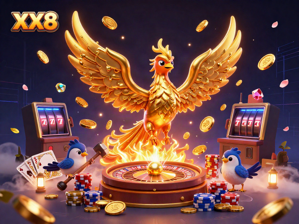 Experience the excitement of XX8 with a golden phoenix and casino elements in a vibrant, dynamic 3D scene.