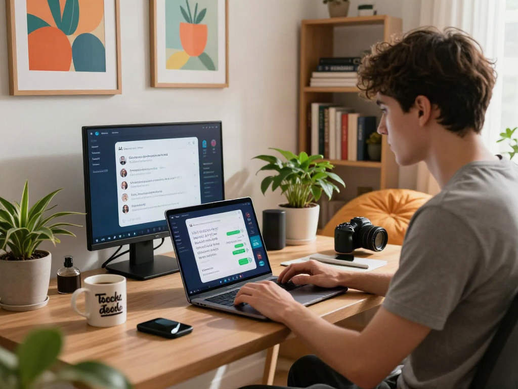 Nsfw ai chat interaction in a modern home office setting with vibrant decor.