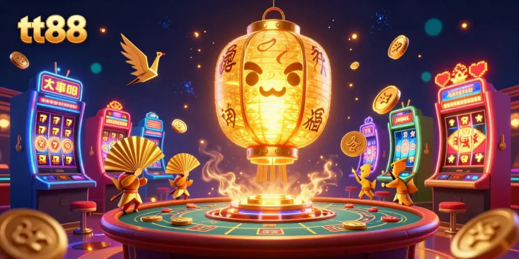 Experience thrilling gameplay at tt88 with a golden lantern spirit and vibrant casino elements swirling around.