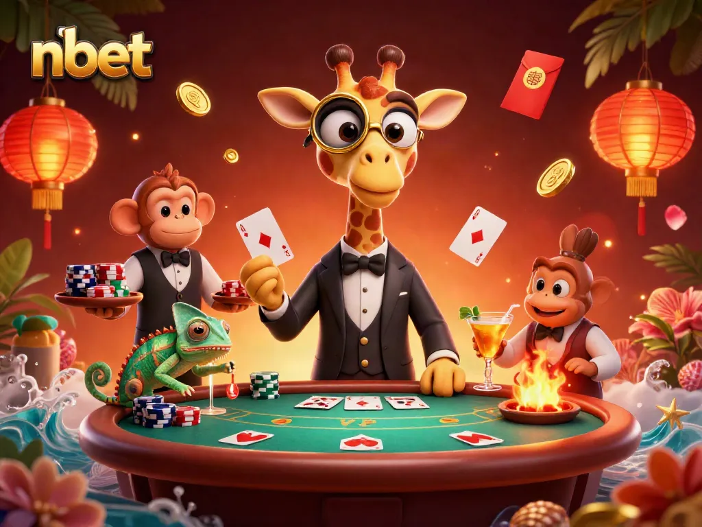 Engage in fun with nbet's exciting poker scene featuring a high-roller giraffe and friends.