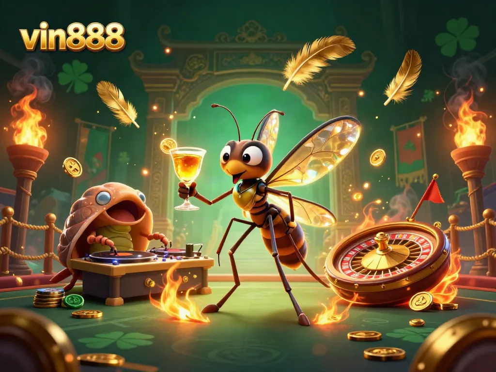 Engage with vin888's vibrant 3D casino scene featuring dynamic characters and golden gaming elements.