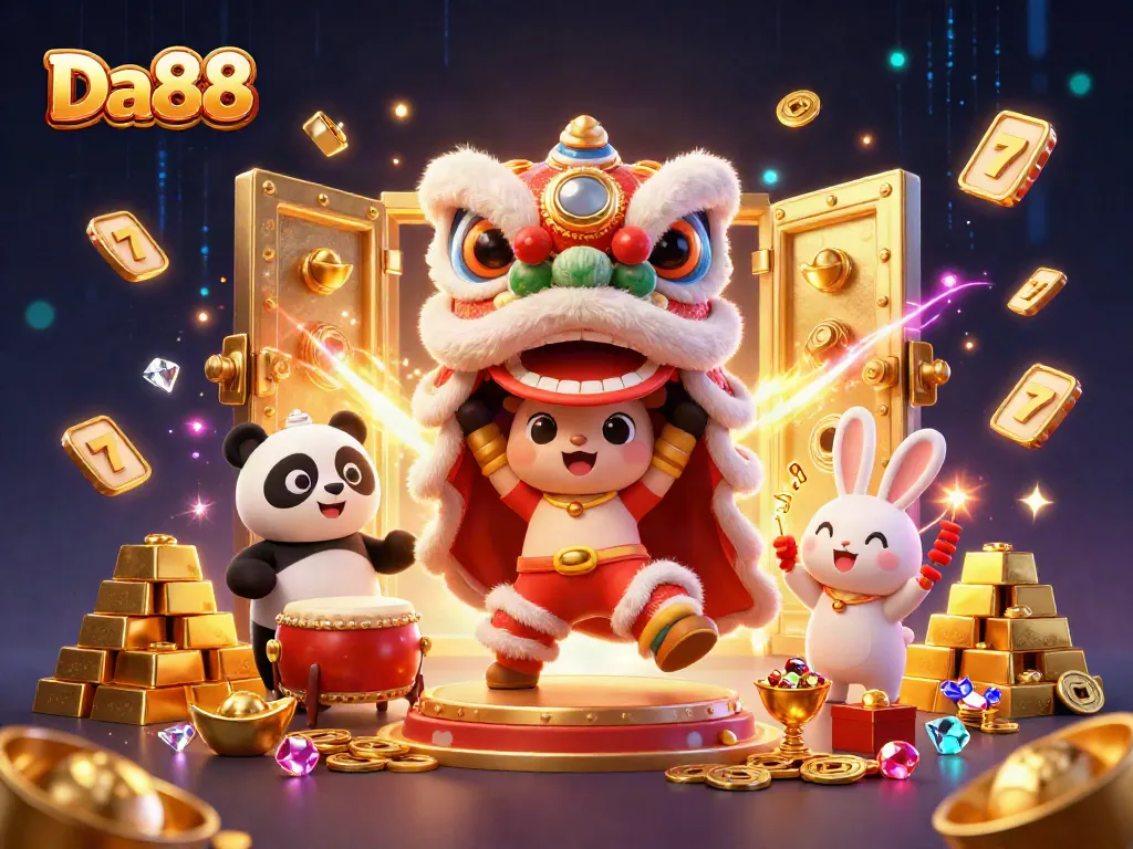 Experience Da88's vibrant casino world with a lion dance, riches, and slot elements.