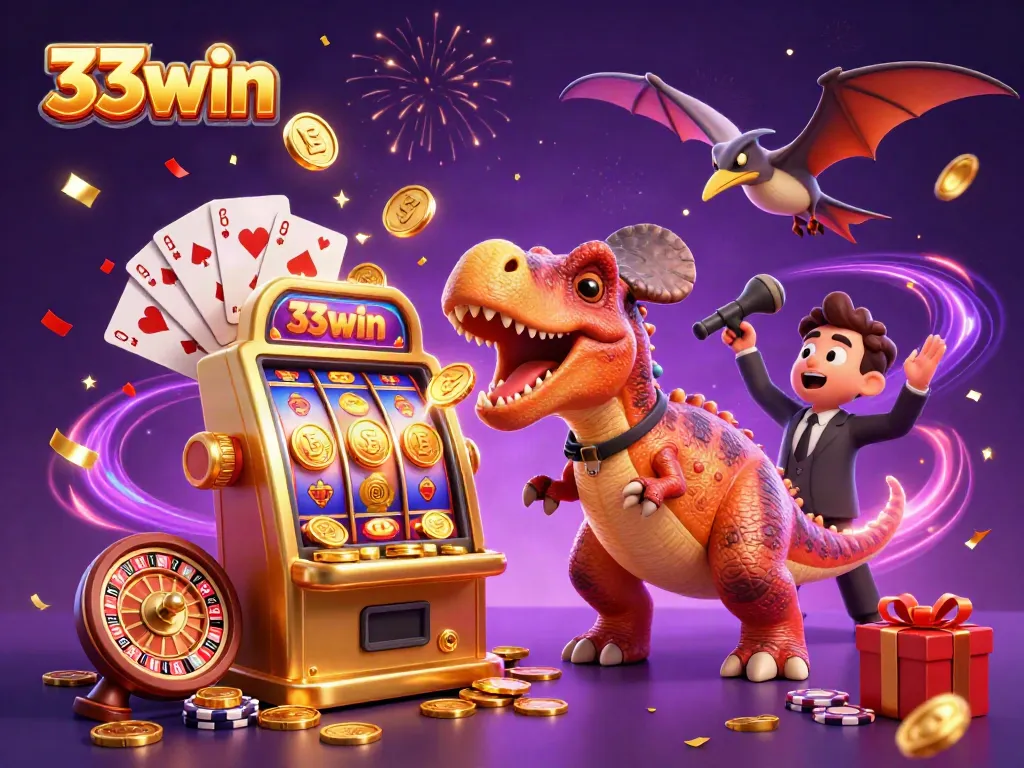 Win big at 33win with a cartoon dinosaur in an exciting casino scene, celebrating jackpot payouts.