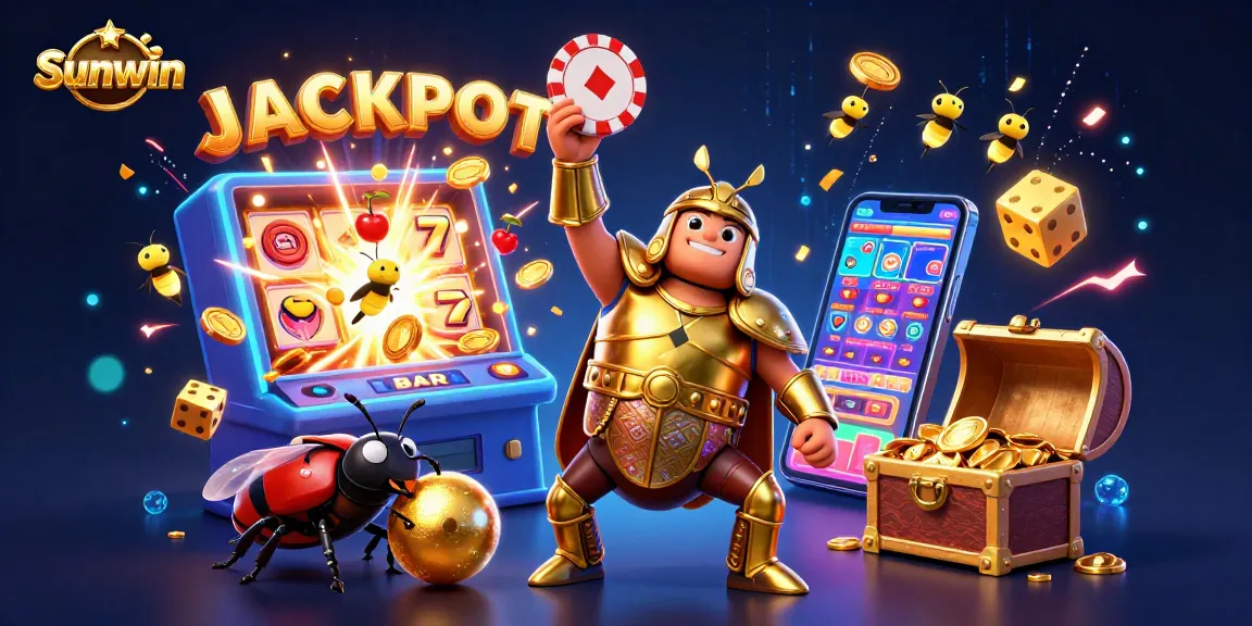 Win big with Sunwin at this colorful 3D casino scene featuring a jackpot celebration with beetles.