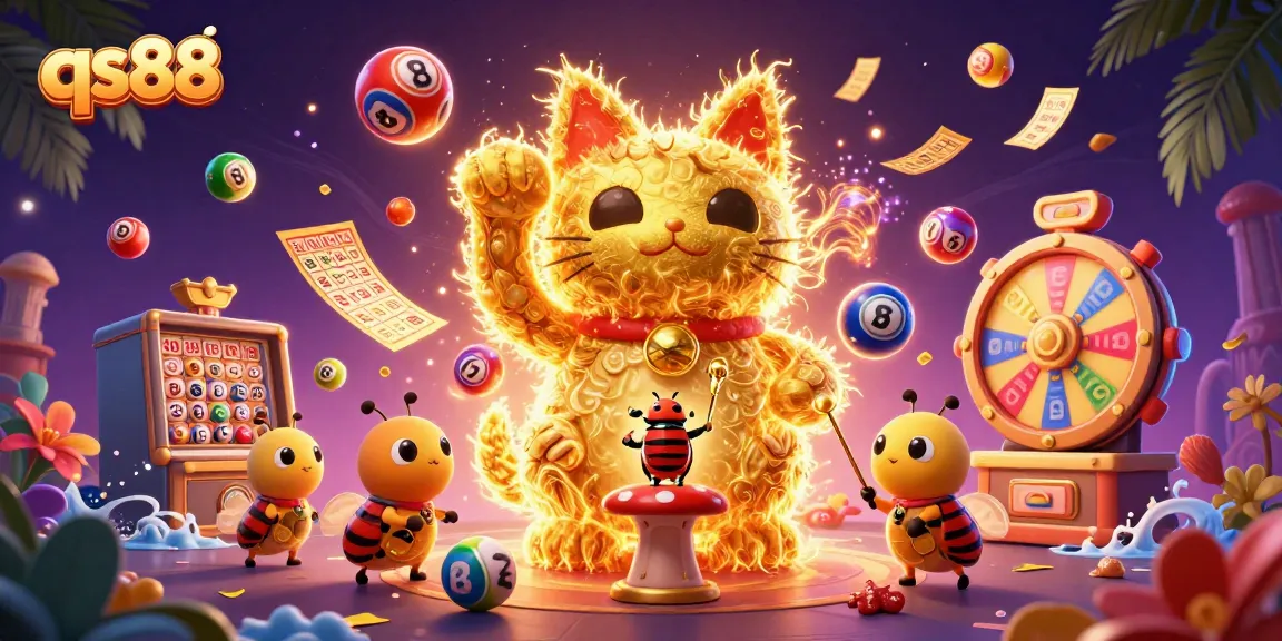 Experience thrilling gameplay at qs88 with vibrant golden fireflies and casino symbols in this dynamic 3D scene.