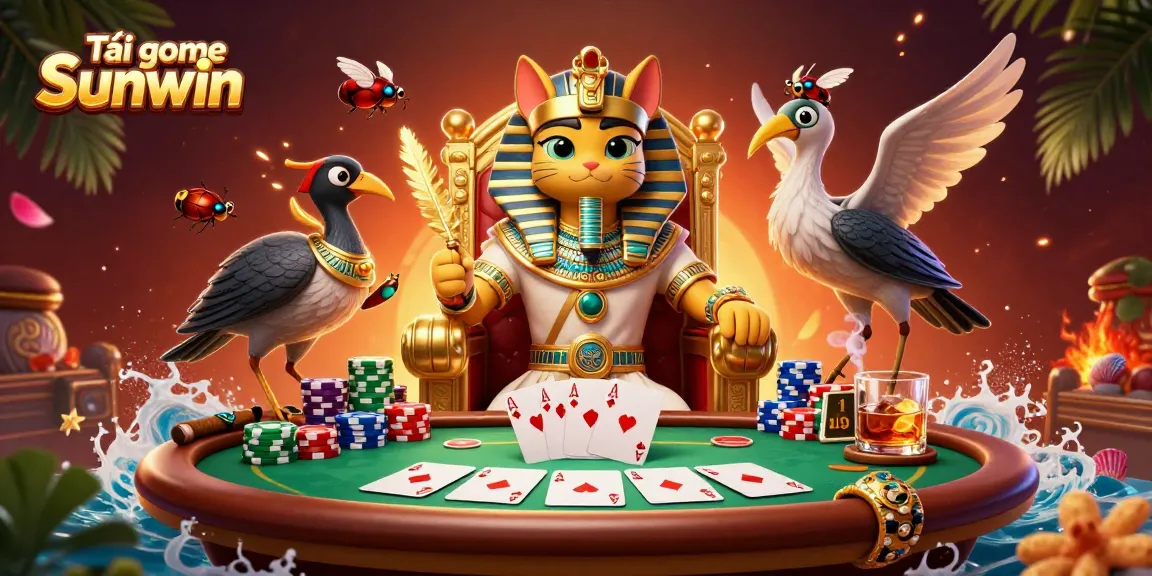 Tải game Sunwin with a golden pharaoh cat and poker elements in a vibrant, dynamic casino scene.