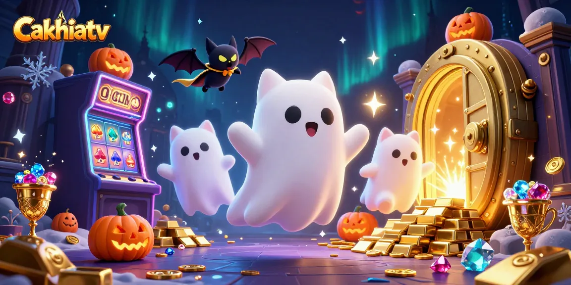 Cakhiatv offers exciting games with a ghost cat and bat in a vibrant haunted casino scene.