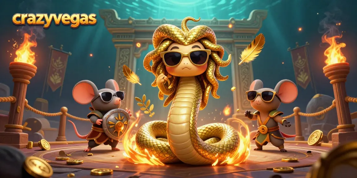 Play to win at crazyvegas with Medusa and friends in a vibrant casino setting.