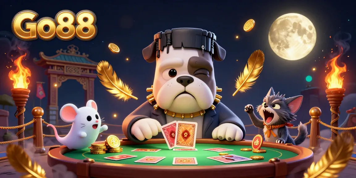 Engage in thrilling card games at Go88's haunted casino, featuring unique characters and vibrant game elements.