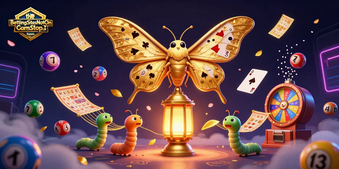 The BettingSitesNotOnGamStop.uk team celebrates with vibrant lottery elements and a majestic moth in the casino atmosphere.